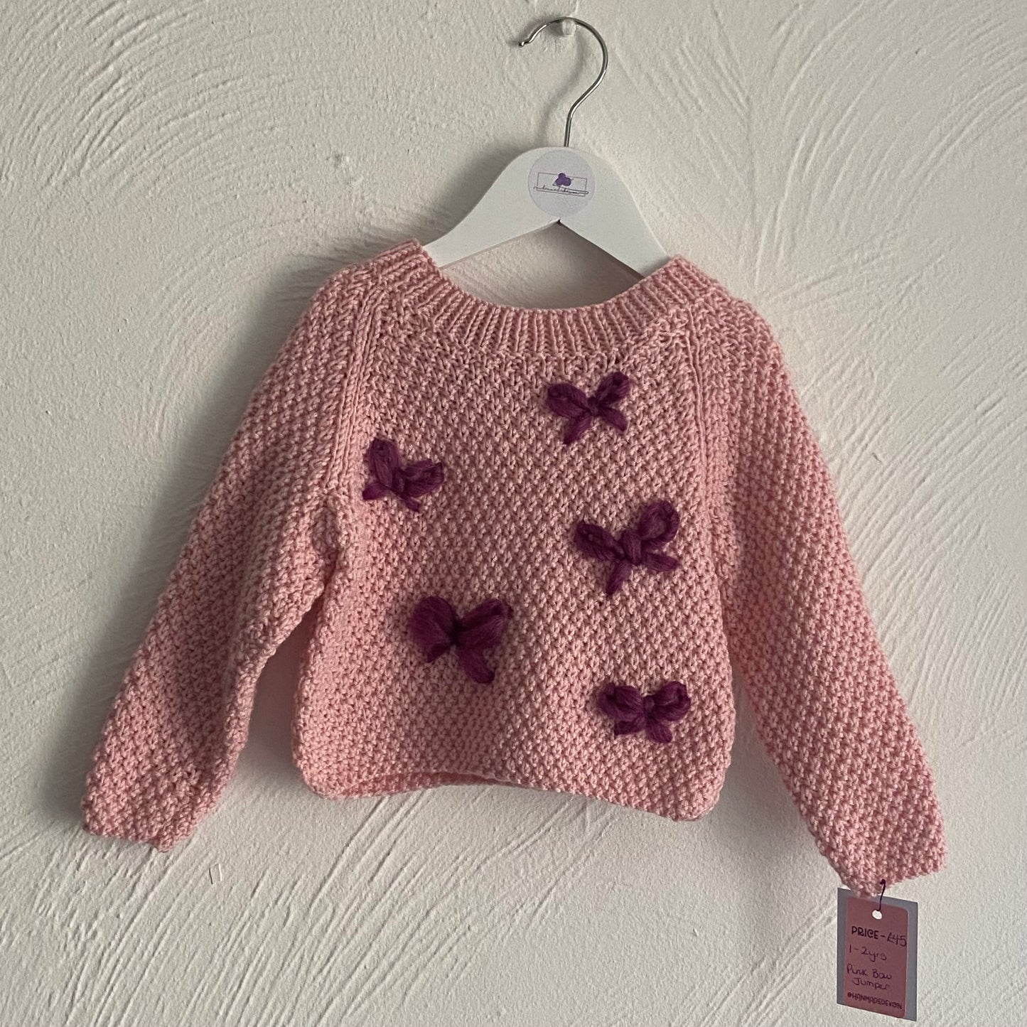 Handmade Pink Knitted Jumper for Toddlers – Bow Embroidery – Soft, Cosy Sweater for 1-2 Years