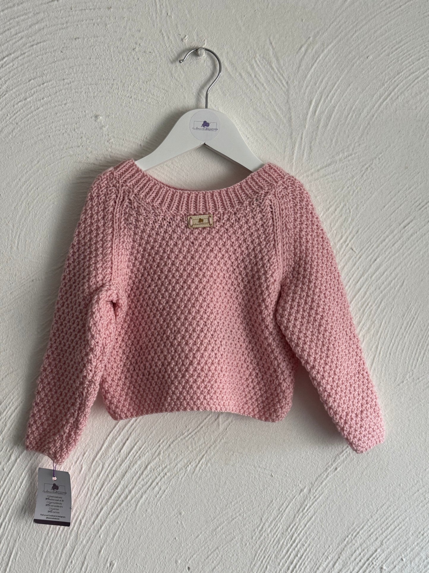 Handmade Pink Knitted Jumper for Toddlers – Bow Embroidery – Soft, Cosy Sweater for 1-2 Years