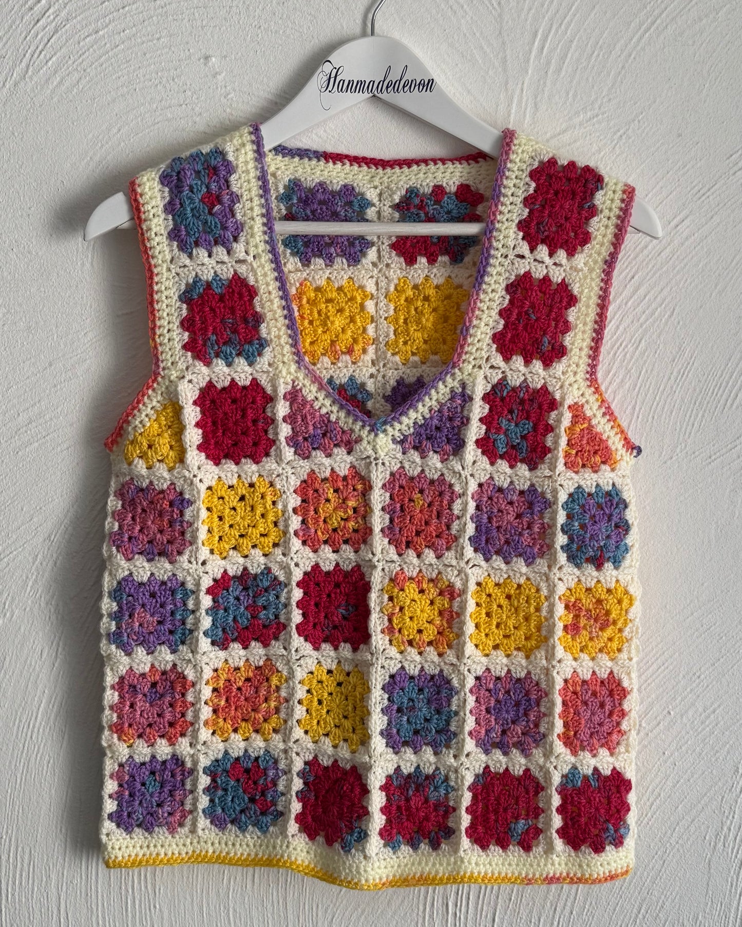 Handmade Crochet Granny Square Vest – Colourful Retro Boho Top (UK Size 8-10)