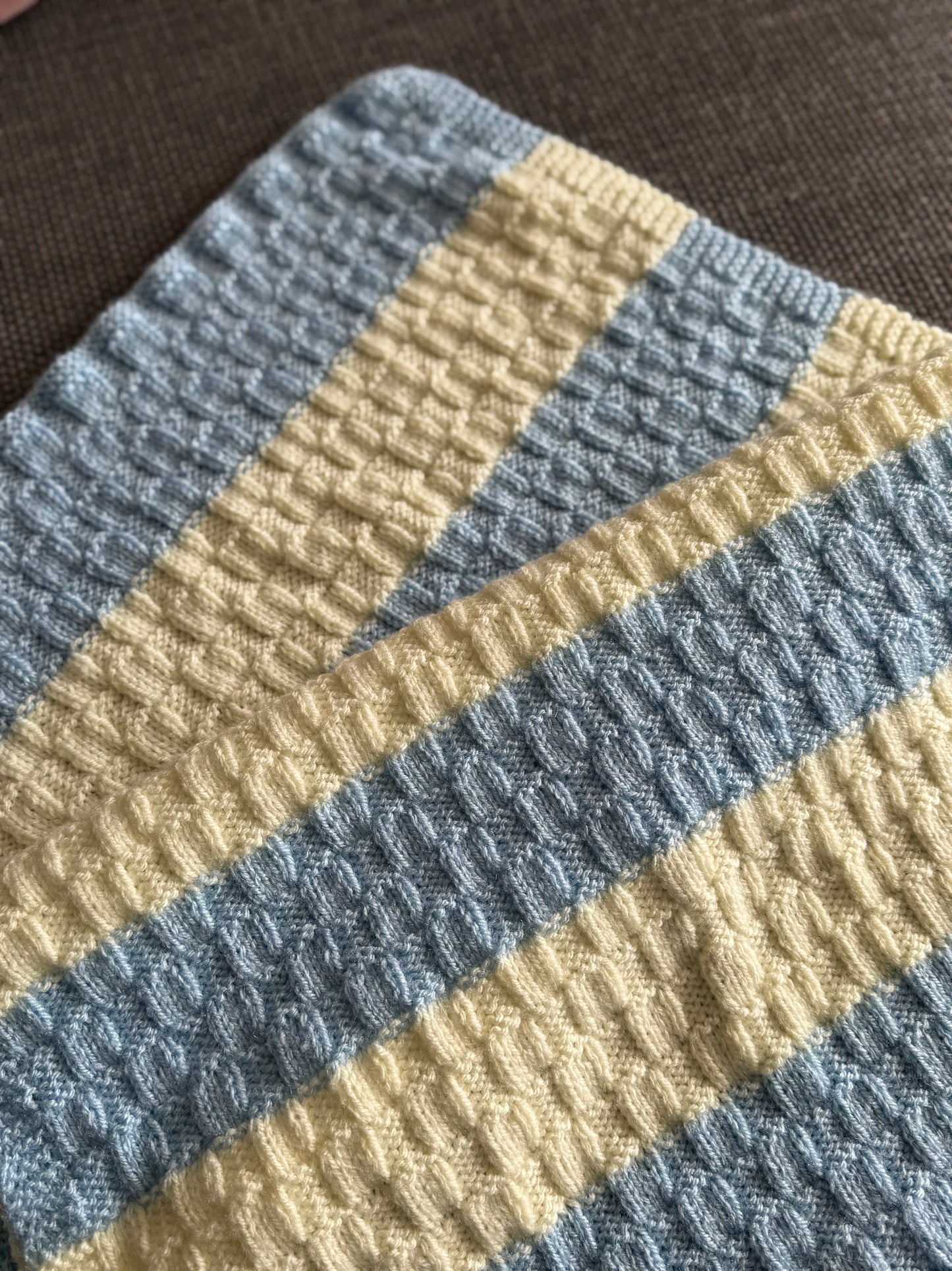Hand-Knitted Striped Baby Blanket – Soft Blue & Yellow (50cm x 75cm)