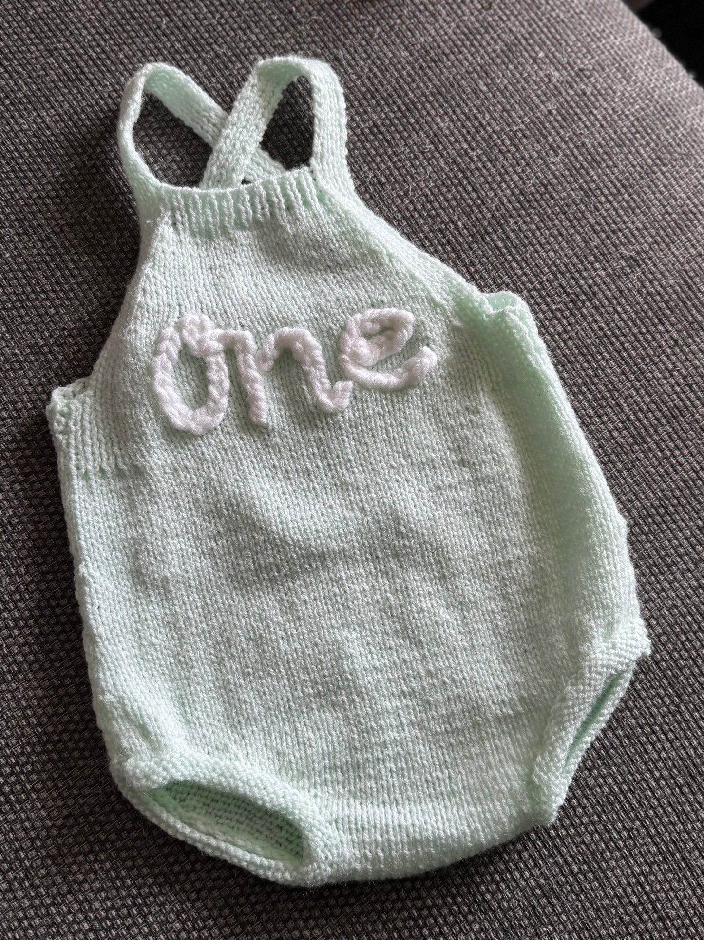 Personalised Green Knitted Baby Romper – Custom Keepsake (6-12M) | Handmade Milestone Outfit