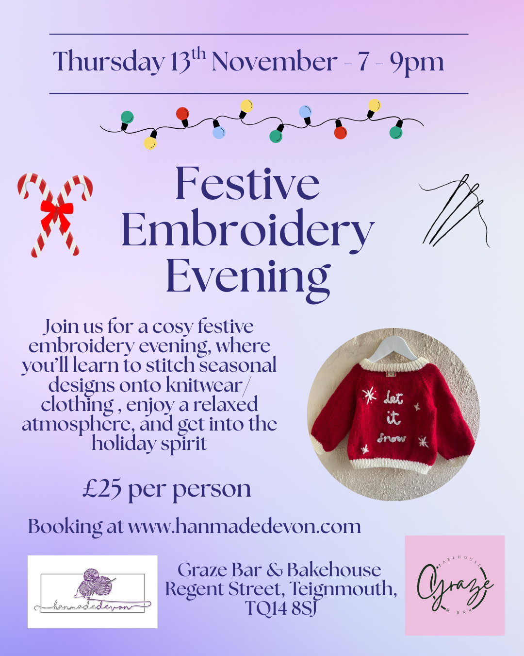 Festive Embroidery Evening - Thursday 13th November - 7-9pm at Graze Bar & Bakehouse