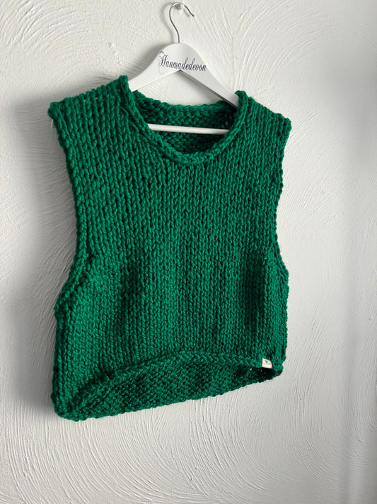 Handmade Green Chunky Knit Vest Top - Sleeveless Cosy Layer - UK Size 12-14