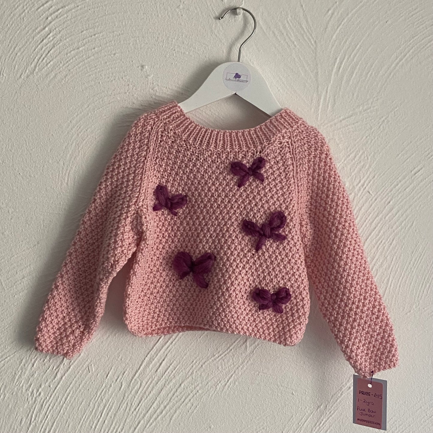 Handmade Pink Knitted  Jumper for Toddlers – Bow Embroidery – Soft, Cosy Sweater for 1-2 Years