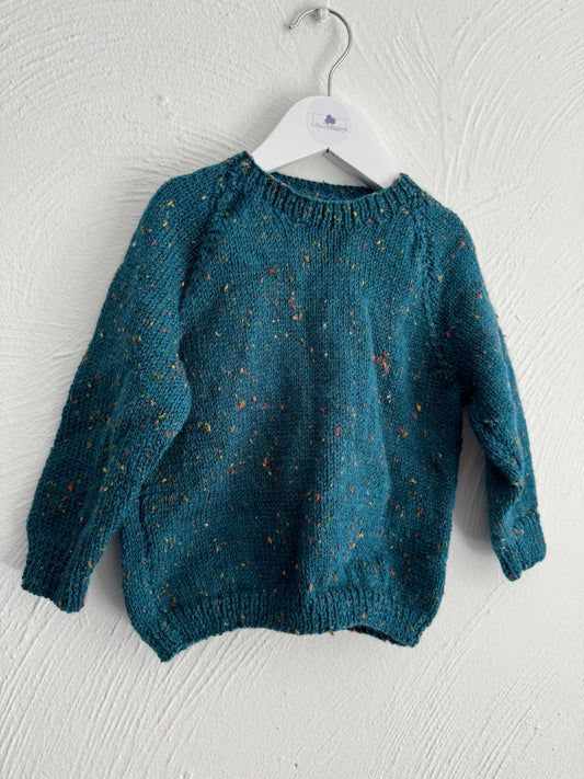 Handknit Children’s Jumper - Soft and Cosy Knitwear - Speckled Blue/Green 3 - 6 months