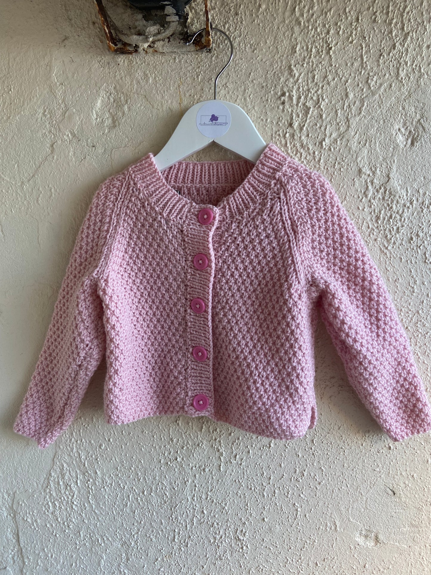 Handmade Pink Knitted Cardigan for Toddlers – Bow Embroidery – Soft, Cosy Sweater for 1-2 Years