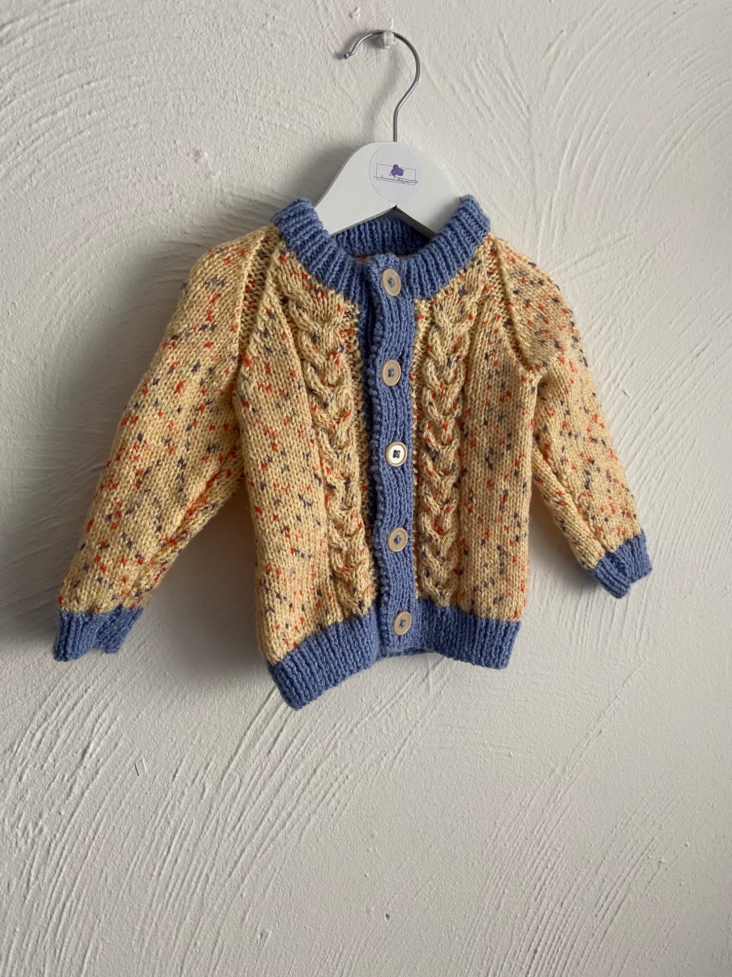 Blue, Cream Speckle Baby Cardigan with Option for  Custom Embroidery - Soft and Adorable - 3-6months