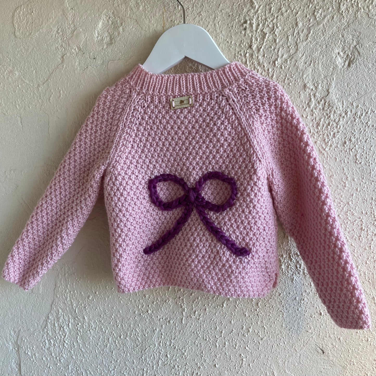 Handmade Pink Knitted Cardigan for Toddlers – Bow Embroidery – Soft, Cosy Sweater for 1-2 Years