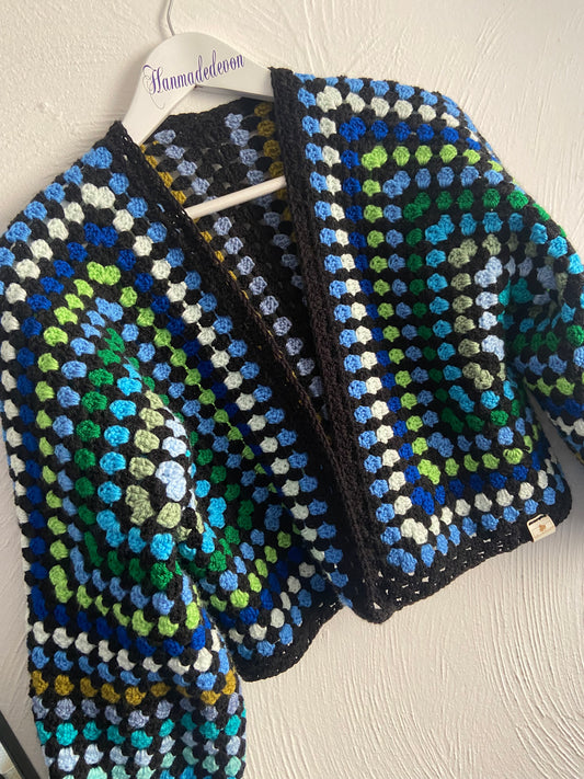 Blue and Green Granny Hexagon Crochet Cardigan - Woman's UK Size 12