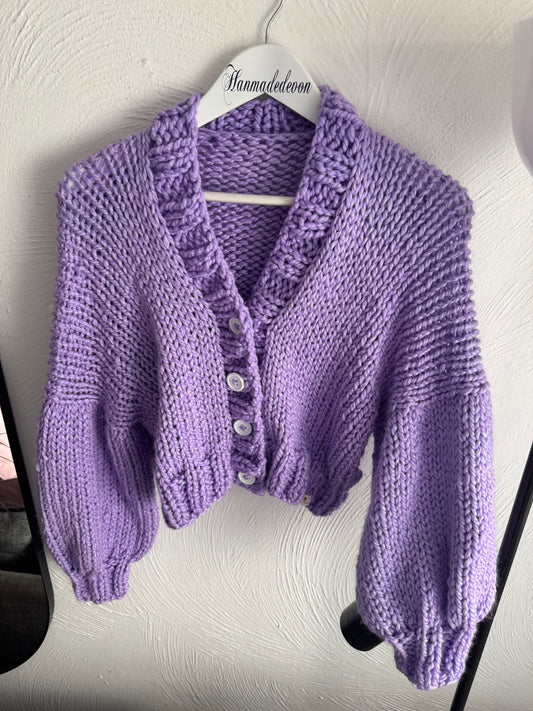 Handmade Lilac Chunky Knit Cropped Cardigan (Size 16–20) | Optional Daisy Detail