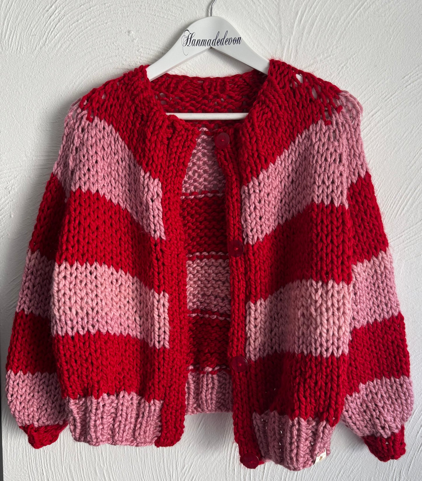 Chunky Hand-Knit Striped Cardigan – Red & Pink | Cozy, Bold Statement Knitwear