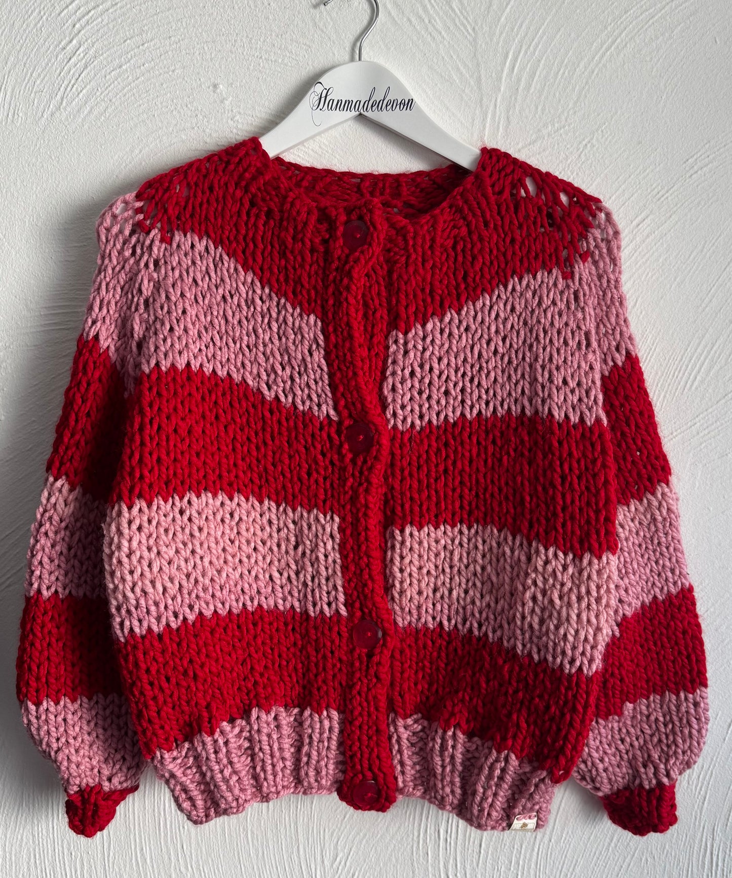 Chunky Hand-Knit Striped Cardigan – Red & Pink | Cozy, Bold Statement Knitwear