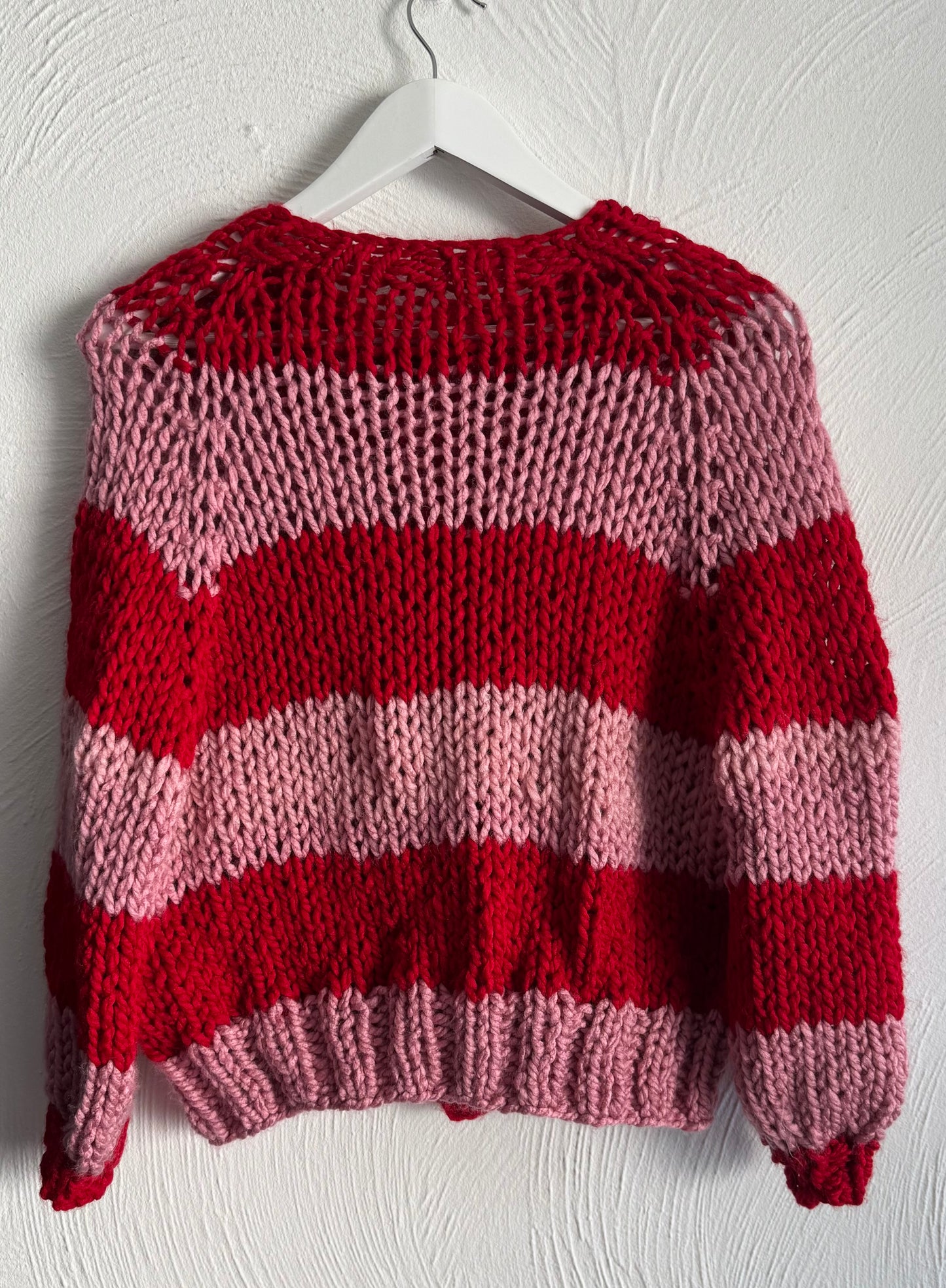 Chunky Hand-Knit Striped Cardigan – Red & Pink | Cozy, Bold Statement Knitwear