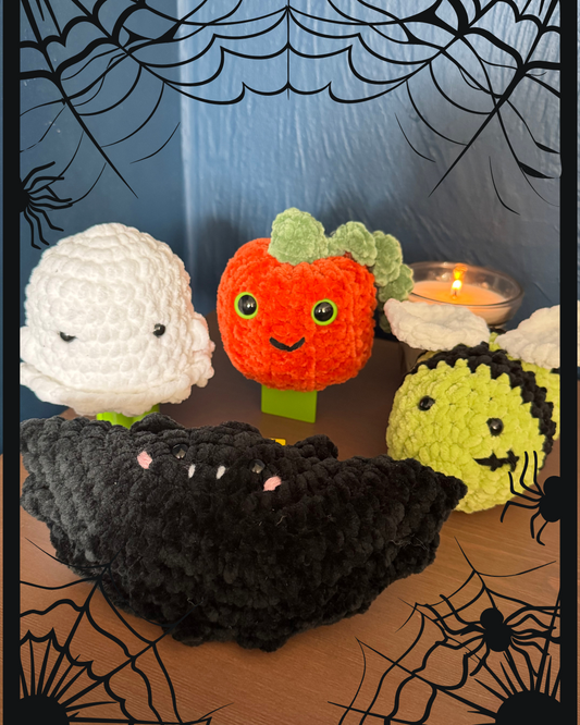 Spooky Cute Plushie Collection – Handmade Crochet Ghost, Bat, Zom-Bee & Pumpkin Soft Toys